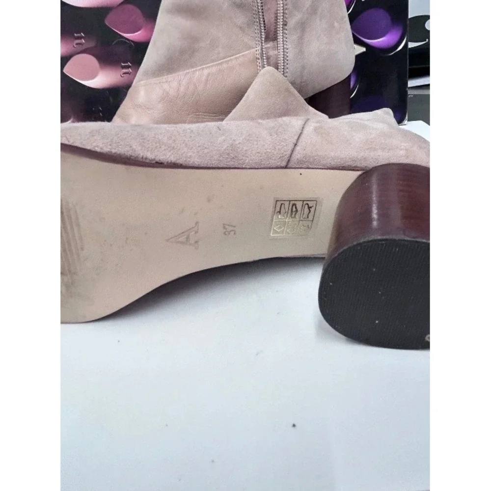 Anthropologie A/ Ankle Boots Nude Leather Suede Pointed Toe Block Heel Spain 37